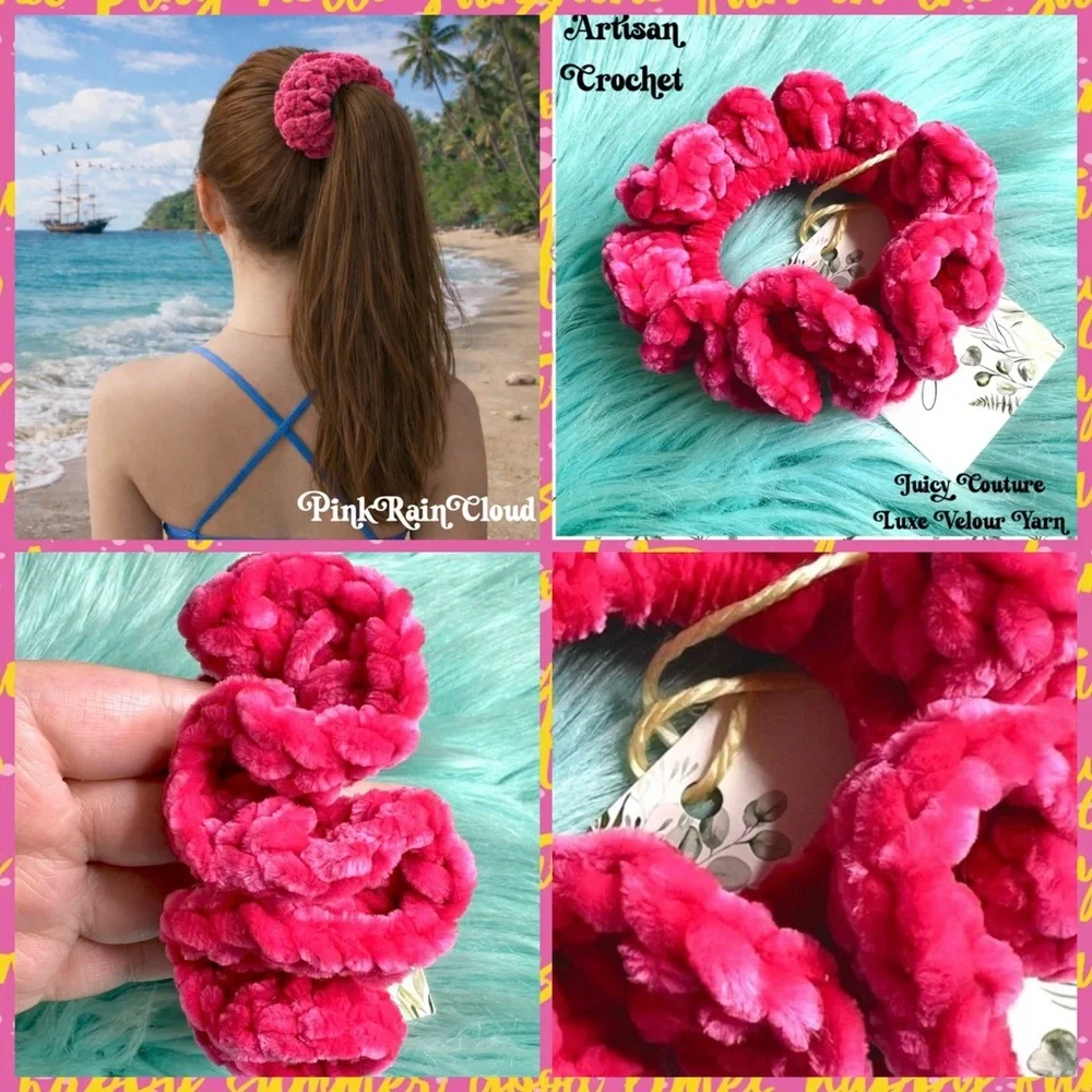 Handmade Crochet VELVET Luxe Hot Pink Candy Plush Hair Scrunchie PinkRainCloud